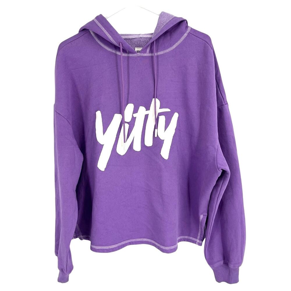 Fabletics Yitty Lizzo Cropped Hoodie Pullover Purple White Raised Logo Large